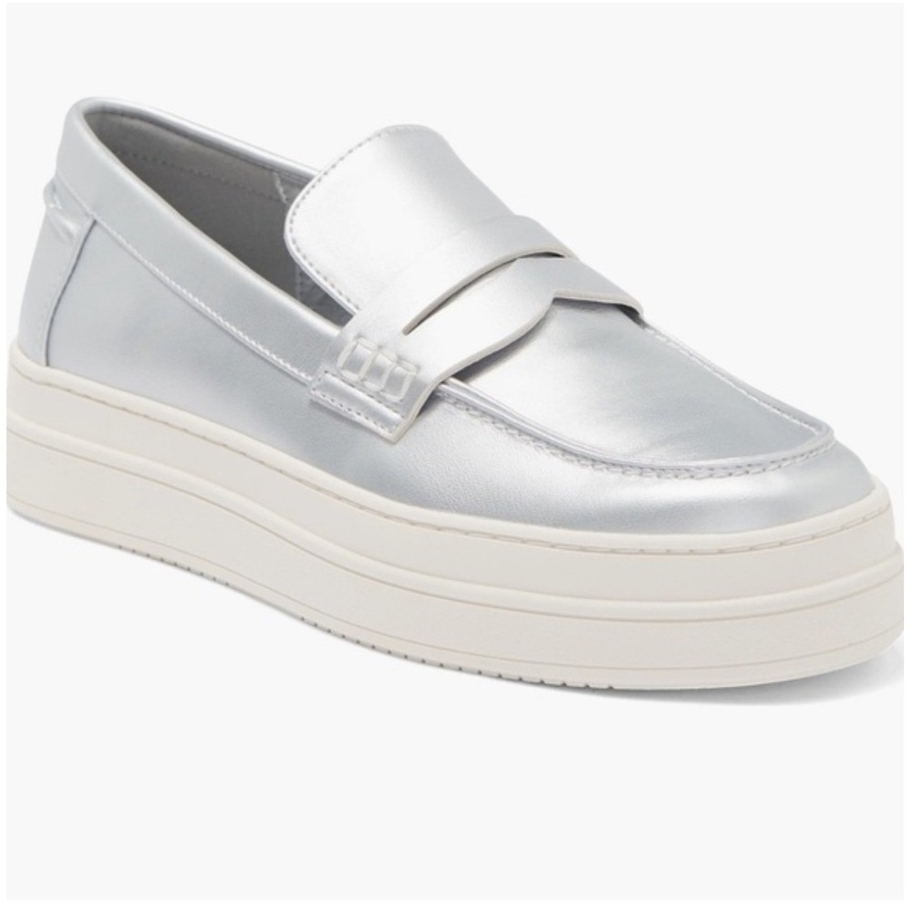J/Slides NYC‎ Noa Silver Luxe Metallic Leather Platform Penny Loafers Mens 8M